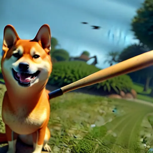 Image similar to weta disney pixar movie still photo of funny shiba inu with baseball bat : : shiba inu by pixar : : giant sign that says bonk : : by weta, greg rutkowski, wlop, ilya kuvshinov, rossdraws, artgerm, octane render, iridescent, bright morning, anime, liosh, mucha : :