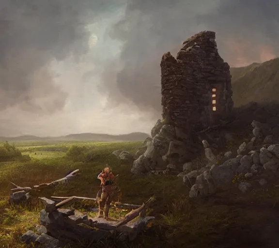 Image similar to landscape portrait of tyler childers working on a building out of hand hewn brimstone, all alone by william sidney mount, trending on artstation