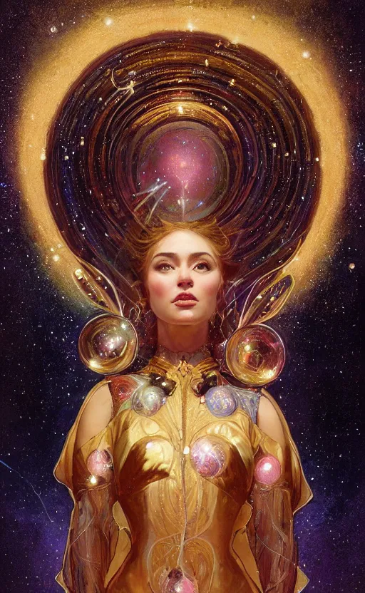 Image similar to portrait of a cosmic goddess, suit made out of stars and galaxies and cosmic energy, intricate, headshot, highly detailed, digital painting, artstation, concept art, sharp focus, cinematic lighting, illustration, art by artgerm and greg rutkowski, alphonse mucha, cgsociety