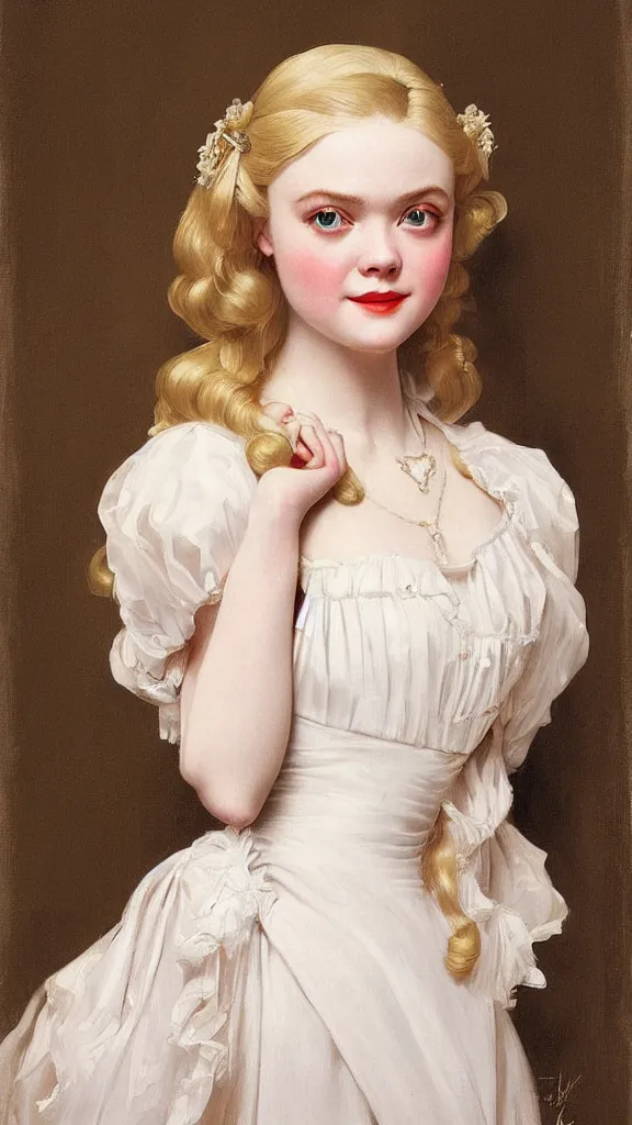 Prompt: Painting of Elle Fanning as a princess, long blonde hair, delicate, pale milky white porcelain skin, by Leyendecker and Norman Rockwell