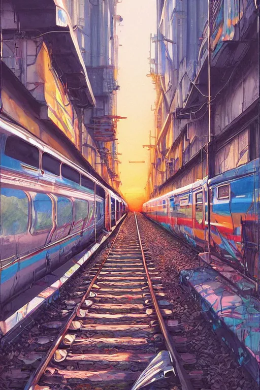 Prompt: trains covered in dripping graffiti paint, painterly, james jean, yoshitaka amano, hiroshi yoshida, moebius, loish, artgerm, painterly, symmetrical, ultra detailed, hyper realistic, illustration, sunset lighting