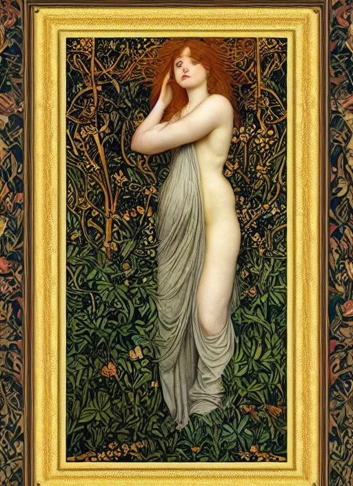 Image similar to masterpiece beautiful seductive flowing curves pose preraphaelite portrait photography, extreme closeup shot, straight bangs, thick set features, yellow ochre ornate medieval dress, amongst foliage mushroom forest arch, circle, william morris and kilian eng and mucha, framed, 4 k