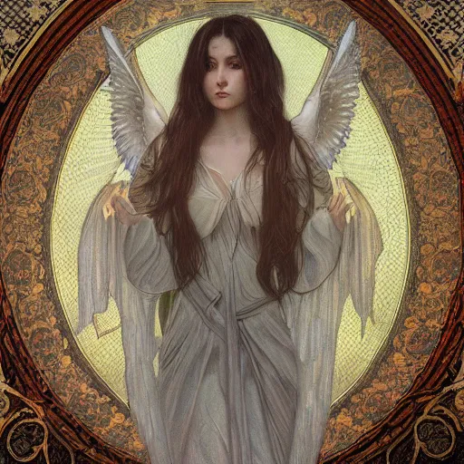 Prompt: hyperrealistic detailed portrait of a seraphim from layers of fear in the style of gothic and mucha sharp focus 8 k