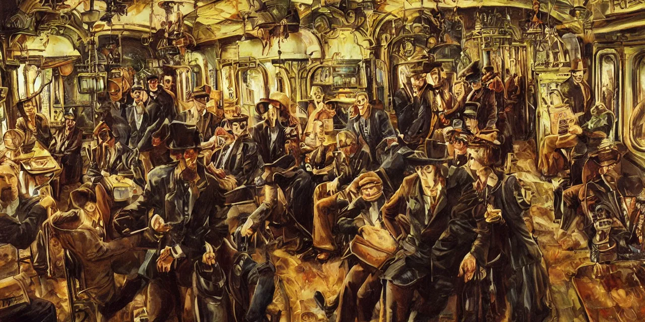 Image similar to Steampunk train scene from pulp fiction novel, small crowd of people and one pan handler with monkey (oil paint on canvas)