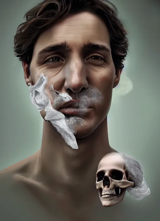 Prompt: a profile portrait of a man ( ( resembling justin trudeau ) ) with a opening hole wound into skull showing, bones, tissue, dust particles, digital art, highly detailed, by alyssa monks and charlie bowater