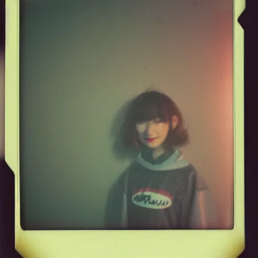 Image similar to dreamy polaroid photograph of madotsuki in the backrooms, many lights in background