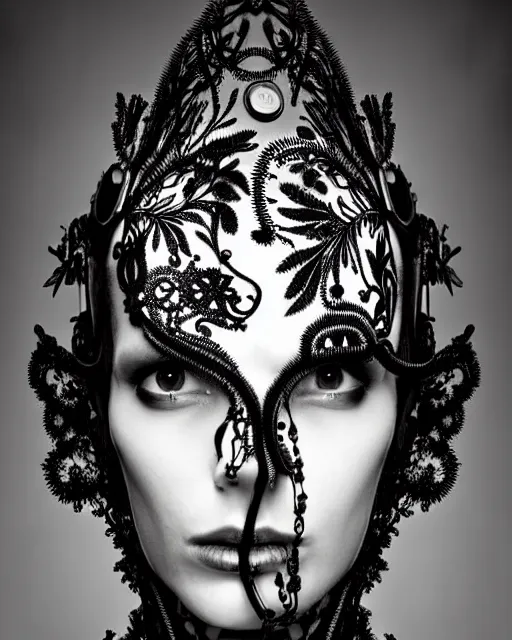 Image similar to surreal dark poetic black and white photo portrait of complex bio-mechanical beautiful young silver female vegetal-cyborg with a Mandelbrot fractal steampunk metal fine lace face, a very long neck and a fine metal floral foliage super big lace collar by Alexander McQueen:: smoke, high fashion, haute couture, rococo, steampunk, silver filigree details, anatomical, facial muscles, cable wires, microchip, elegant, dreamy, foggy atmosphere, hyper realistic, 150 mm lens, soft rim light, octane render, unreal engine, picture was taken in 1910 by Man Ray, volumetric lighting, dramatic light,8k,