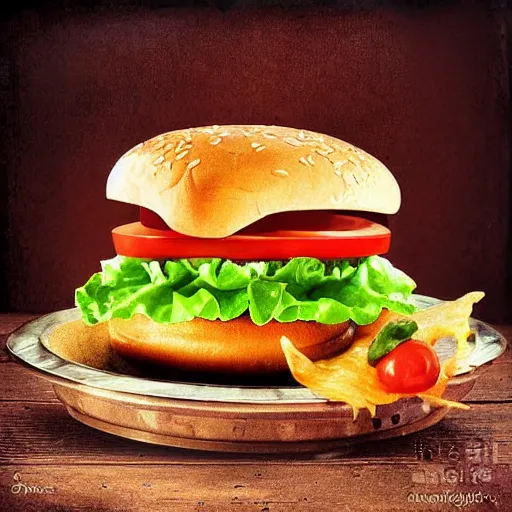 Image similar to a hamburger, on a bun, with cheese, lettuce and tomato, entirely made out of music. Surrealist art studio photography