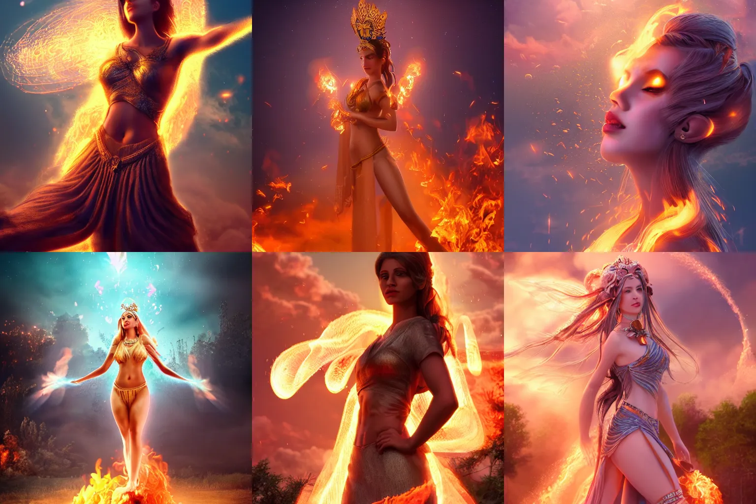 Prompt: a beautiful female goddess of the fire character, character is in all its glory, character is in her natural relaxed pose, full body shot, rim lights, particles and dust in the air, fancy clouds, highly detailed professional photo, dynamic lights, particles are flying, depth of field, trending on artstation, professional illustration, hyper realistic, vray caustics, super detailed, colorful accents, cinematic shot