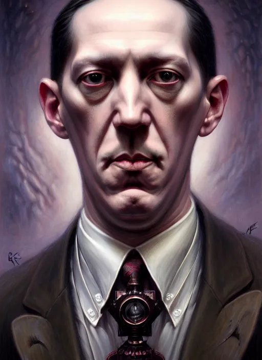 Image similar to portrait shot of h. p. lovecraft, intricate, elegant, highly detailed, centered, digital painting, artstation, concept art, smooth, sharp focus, illustration, artgerm, tomasz alen kopera, peter mohrbacher, donato giancola, joseph christian leyendecker, wlop, boris vallejo