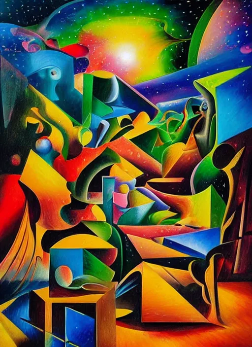 Prompt: an extremely high quality hd detailed ultra-realistic photorealistic surrealism painting of neon cast glass calligraphy cubism figures melting into a warm picasso galaxy landscape by dali and zaha hadid, vivid colors, complimentary colors, melting sun, melting 4d cubes, hallway landscape, 8k, hd, high quality, high contrast, acrylic oil on canvas
