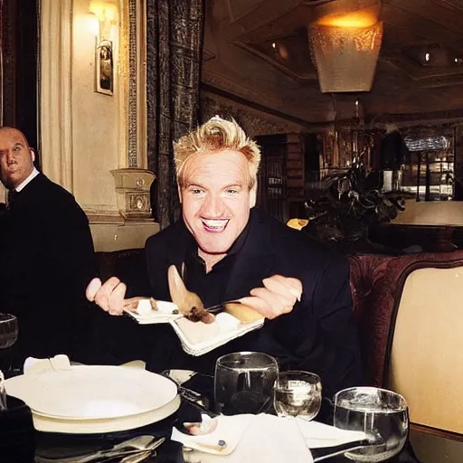 Image similar to Freddie Starr eating a loafer at a table in Claridges fine dining restaurant. Gordon Ramsey watches with a look of childish glee