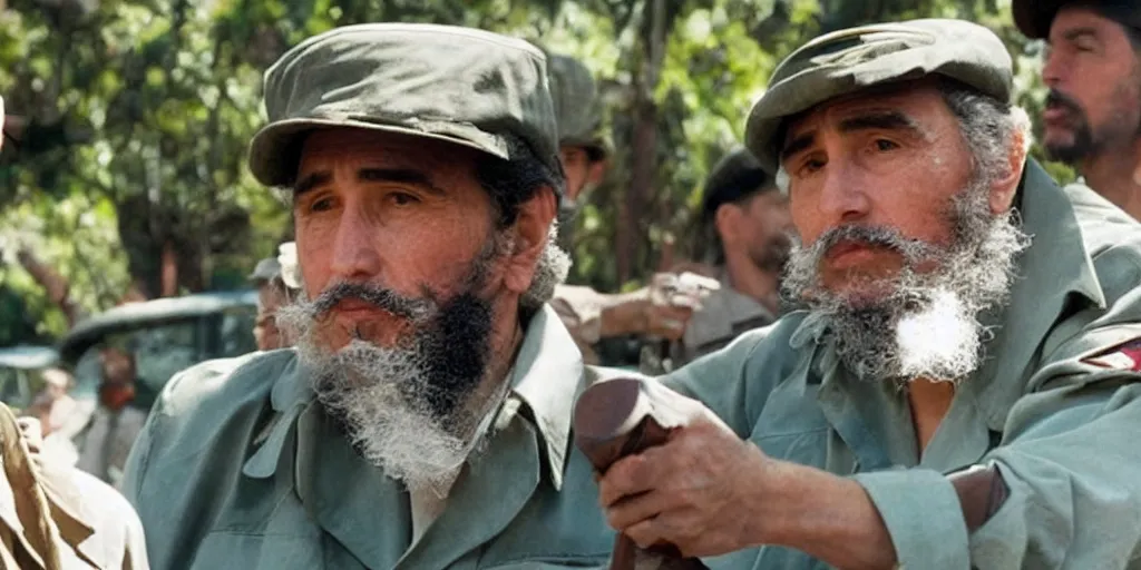 Prompt: James Franco as Fidel Castro in 'Good Morning, Cuba' (2023), movie still frame