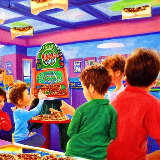 Image similar to a painting of chuck-e-cheese with kids eating pizza by monet