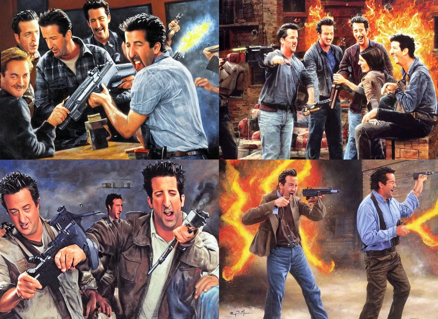 Prompt: young Matthew Perry firing a pistol, muzzle flash, David schwimmer screaming, Matthew Perry laughing, 'friends' tv show episode, epic painting by James gurney