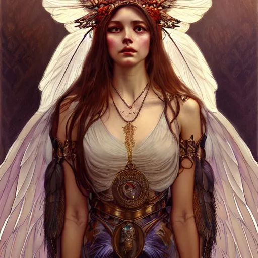 Image similar to Portrait of a winged girl angel wearing an intricate feather headdress, fantasy, intricate, elegant, highly detailed, digital painting, artstation, concept art, smooth, sharp focus, illustration, art by Krenz Cushart and Artem Demura and alphonse mucha