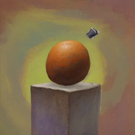 Image similar to impressionist painting of a round boulder on a pedestal smoking a cigarette, brown background