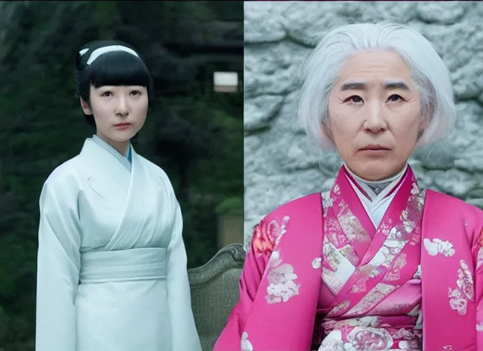 Image similar to a film still of a japanese princess young lady called kamisato ayaka, with white hair and bangs!!!! in the grand budapest hotel ( 2 0 1 4 )