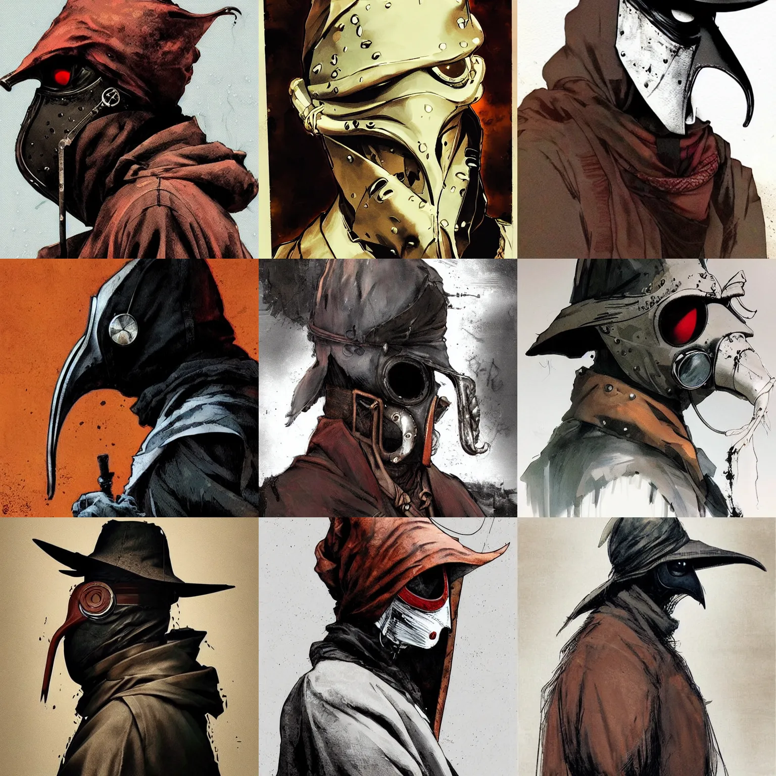 Prompt: a beautiful side portrait of a plague doctor. decaying rust on his mask. art by yoji shinkawa and sandra chevrier, trending on artstation, award - winning, perfect composition.