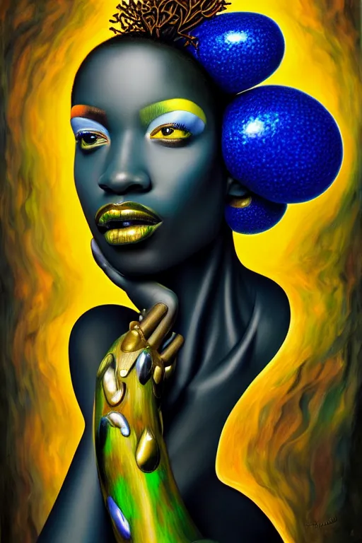 Prompt: hyperrealistic deconstructed super expressive! black woman with exoskeleton armor, merging with tree in a forest, highly detailed digital painting masterpiece smooth de lempicka hannah yata dramatic pearlescent blue yellow light ground angle hd 8k sharp focus