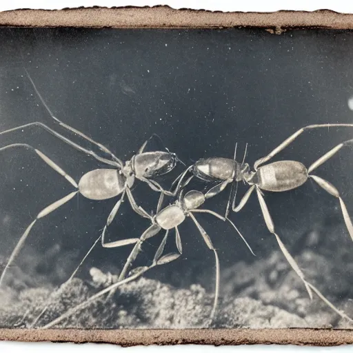 Prompt: tintype photo, underwater, two ants fighting