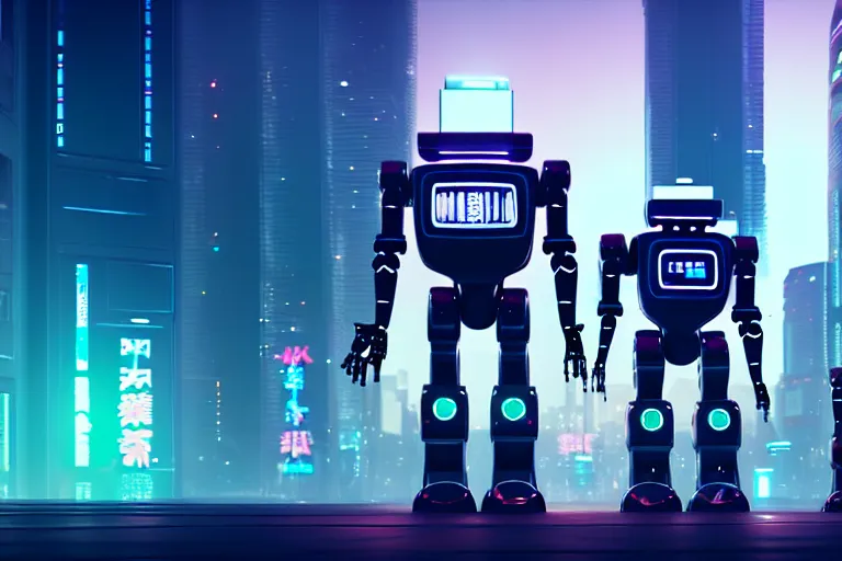 Image similar to a cute big robots in a cyberpunk city. super realistic 8 k render of a elegant, cinematic composition