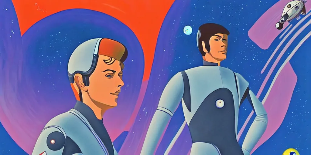 Image similar to a portrait of lonely single Alain Delon alone pilot in spacesuit posing in symmetrical spaceship station planet captain bridge outer worlds hyper contrast in FANTASTIC PLANET La planète sauvage animation by René Laloux