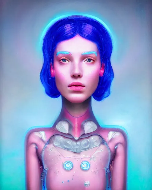 Image similar to natural light, soft focus portrait of an android with soft synthetic pink skin, blue bioluminescent plastics, smooth shiny metal, elaborate ornate head piece, piercings, skin textures, by annie liebovotz, paul lehr