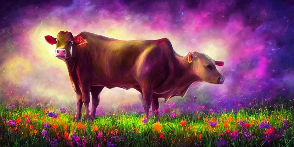 Image similar to fantasy artwork of a cow in a field of glowing flowers