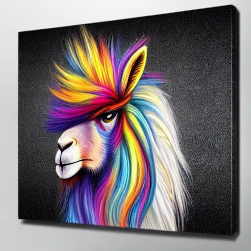 Image similar to portrait of a cute fluffy llama with long colorful flowing lion mane with mohawk hairstyle hybrid animal detailed painting 4 k