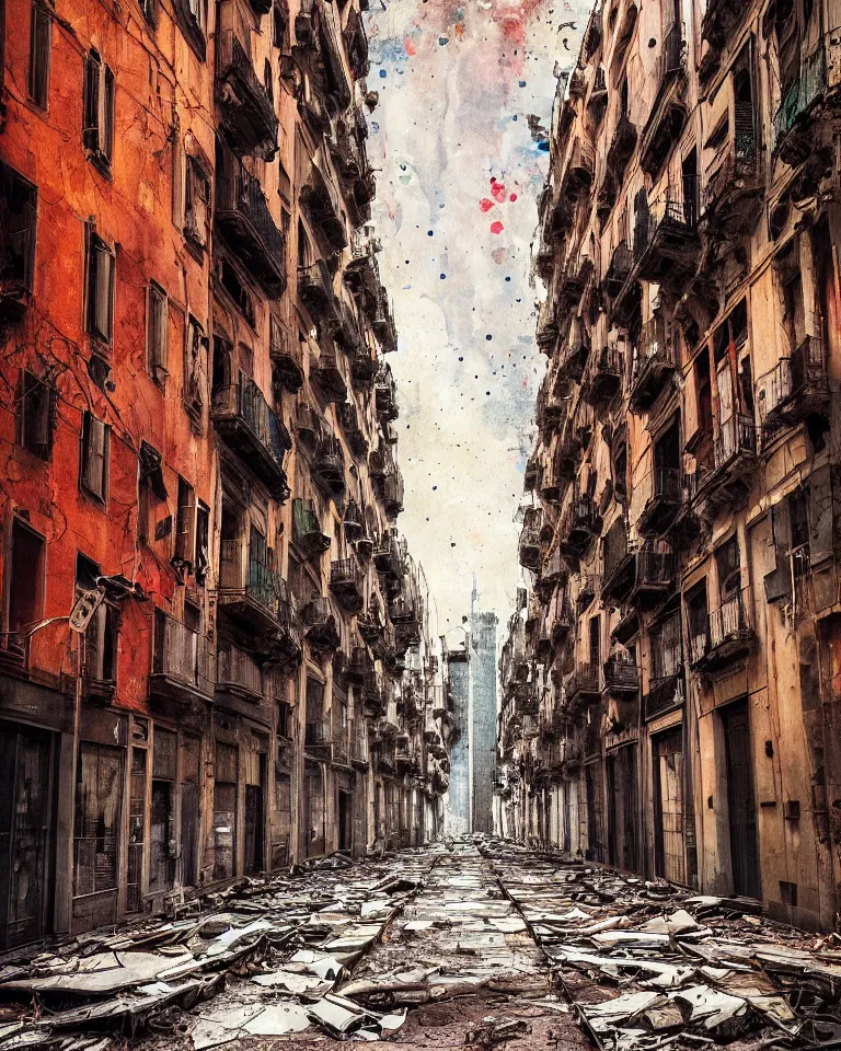 Prompt: abandoned streets of Barcelona, post-apocalyptic painting, cosmic horror