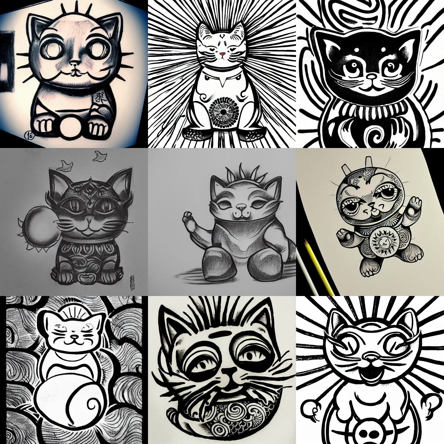 Prompt: tattoo drawing of a smiling maneki neko, waving, with a sun in background, black and white