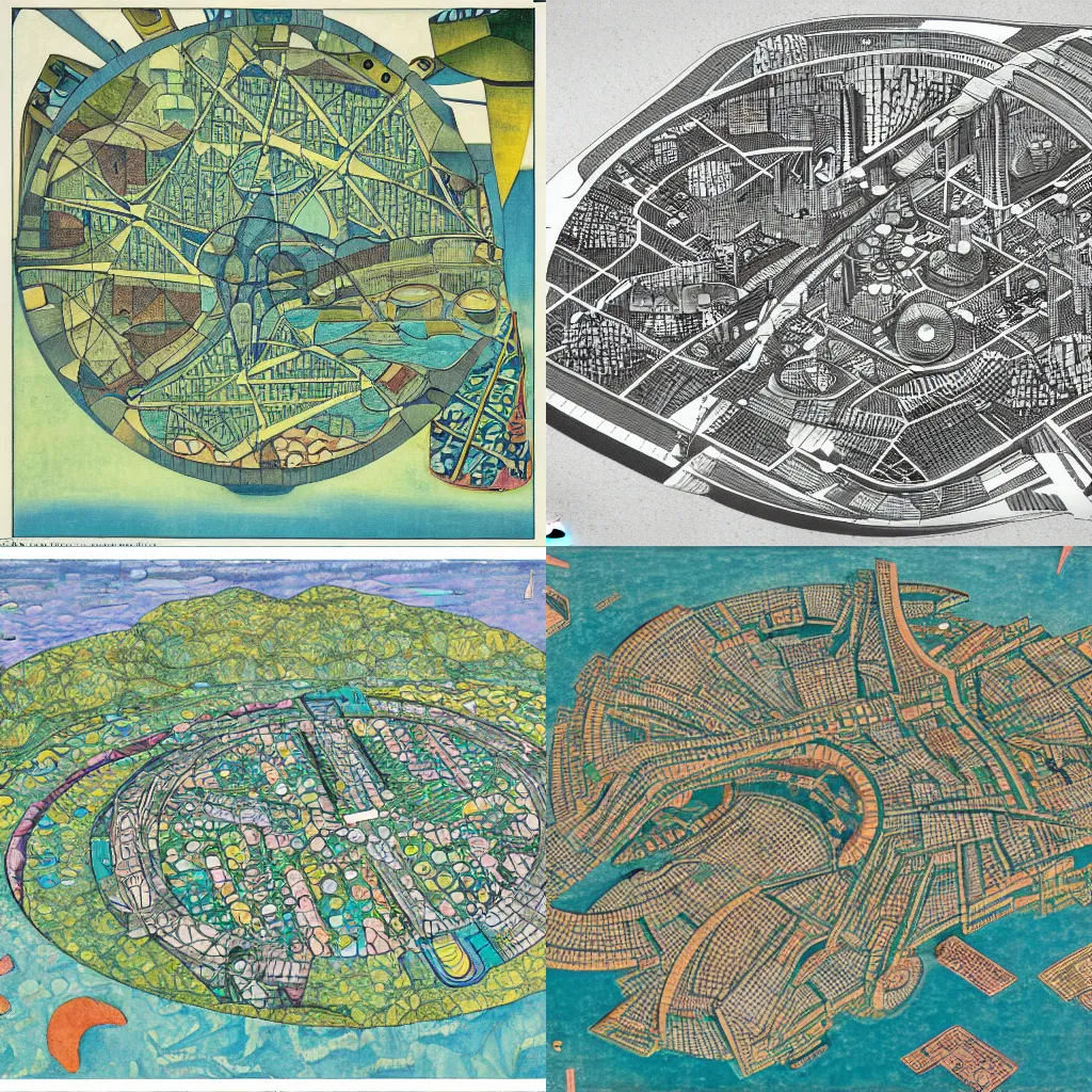 Prompt: a detailed mathematical map of a futuristic city located in a round island with a lot of vegetation surrounded by water with a few flying ships stationed around it, in the style of diego rivera schiele, full color, axonometric exploded view