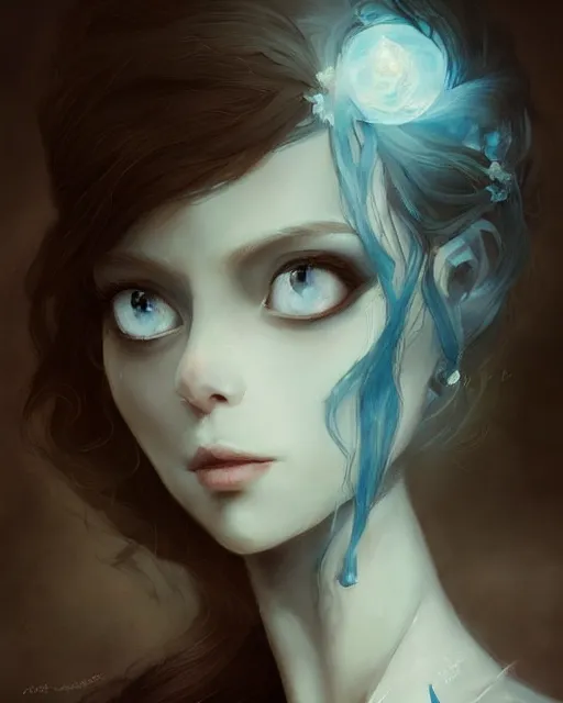 Image similar to elegant mysterious solemn victoria everglot from the corpse bride, portrait, illustration, rim light, top light, summer clear blue sky, perfectly shaded, soft painting, art by krenz cushart and wenjun lin