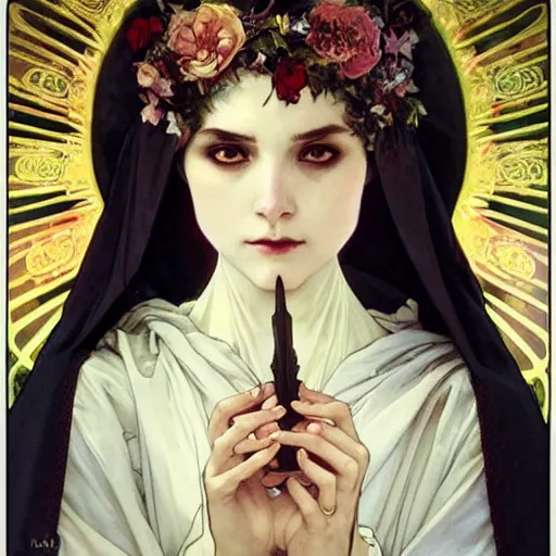 Prompt: art by artgerm and greg rutkowski and alphonse mucha and tom bagshaw, soft painting of a gothic nun blessing flowers in full dress, perfectly detailed, symmetrical intricate sensual features, highly detailed, artstation, sharp focus