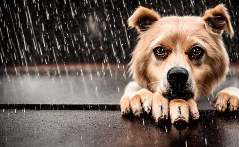 Image similar to studio photography of a sad dog sitting in rain, detailed face, 8 k