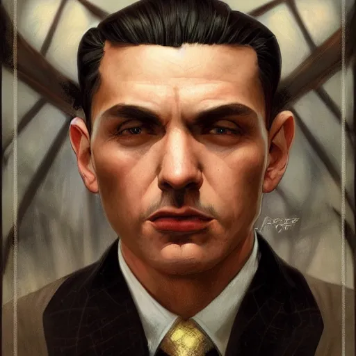 Prompt: 1930s mobster, painted fantasy character portrait, highly detailed, digital painting, artstation, concept art, sharp focus, illustration, art by artgerm and greg rutkowski and alphonse mucha