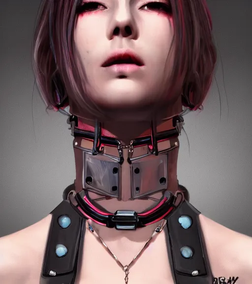 Image similar to detailed realistic female character cyberpunk wearing thick steel collar around neck, realistic, art, beautiful, 4K, collar, choker, collar around neck, punk, artstation, detailed, female, woman, choker, cyberpunk, neon, punk, collar, choker, collar around neck, thick collar, tight around neck, punk, choker