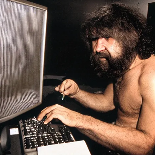 Prompt: caveman using a computer, award - winning photo