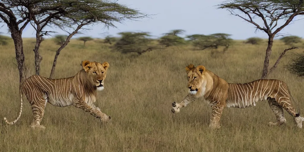 Prompt: award - winning panoramic nature photography, a scenic picture of a flamboyant lioness celebrating her birthday on the serengeti. balloons are in the background. birthday party setting. the lions are eating a zebra - coloured birthday cake. extremely detailed lioness. hyperrealistic, 8 k