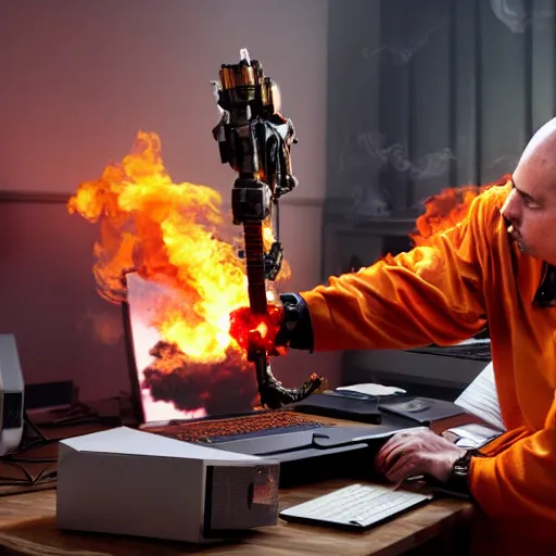 Prompt: angry man in juggernaut armor setting a desktop tower pc on fire using a military flamethrower
