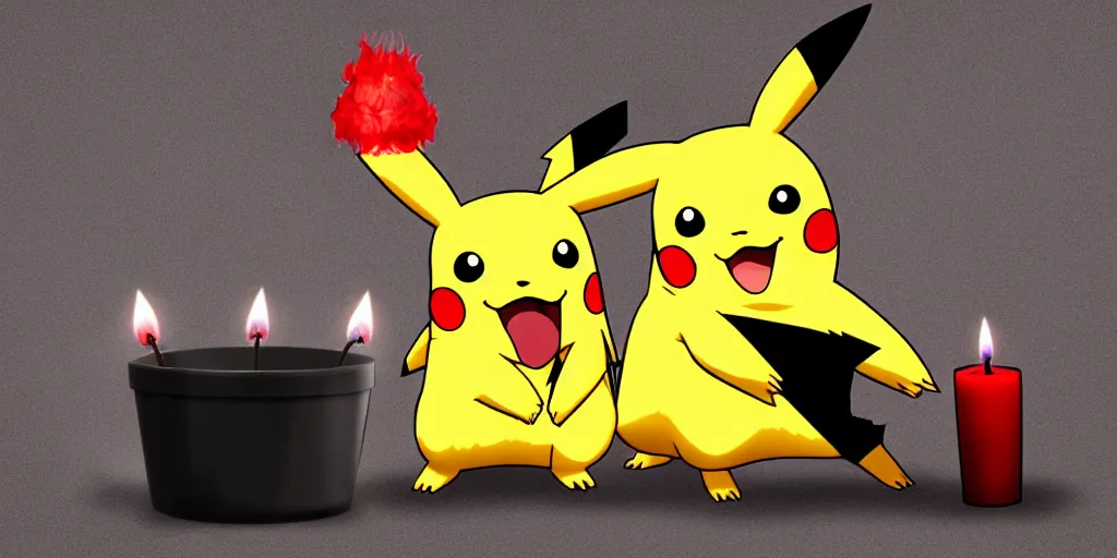 Prompt: pikachu devouring a dog, sharp teeth burtal eyes scary mouth dark room red candles trash bin