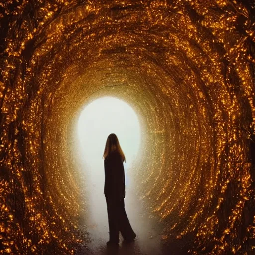 Image similar to tunnel of leaves, moody atmosphere, late summer, hazy, glowing lights, spiral, lost woman, dreamy