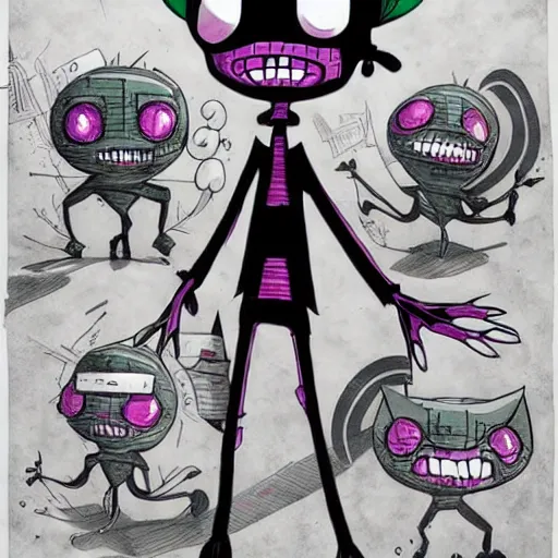 Prompt: Invader Zim!!!, in the style of artist Kim Jung Gi,