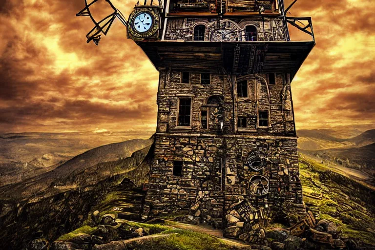 Image similar to the impossible clock tower on the top of a mountain, steampunk art, digital art, wide angle view