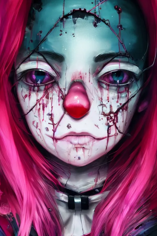 Image similar to by kyoto animation, very creepy clown girl pink hair, tears from the eyes, wearing cyberpunk intricate streetwear, beautiful, detailed portrait, intricate complexity, ilya kuvshinov, cell shaded, 4 k, concept art, by wlop, ilya kuvshinov, greg rutkowski, sharp focus, volumetric lighting, cinematic lighting