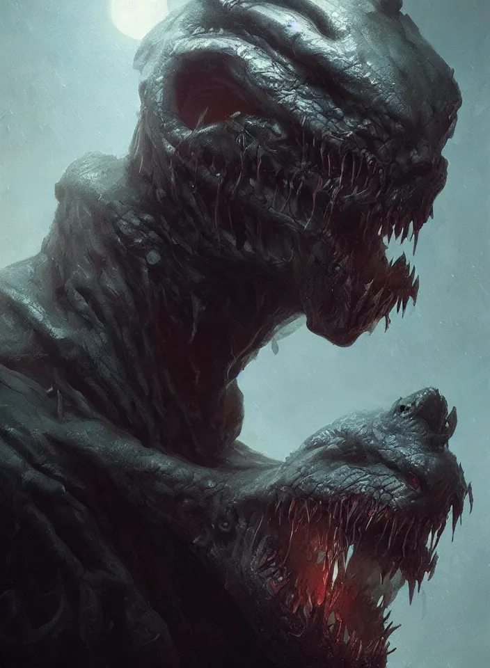 Image similar to a close portrait of a creature invoking fear, art by greg rutkowski, horror setting, dark lighting, matte painting, trending on artstation, very detailed