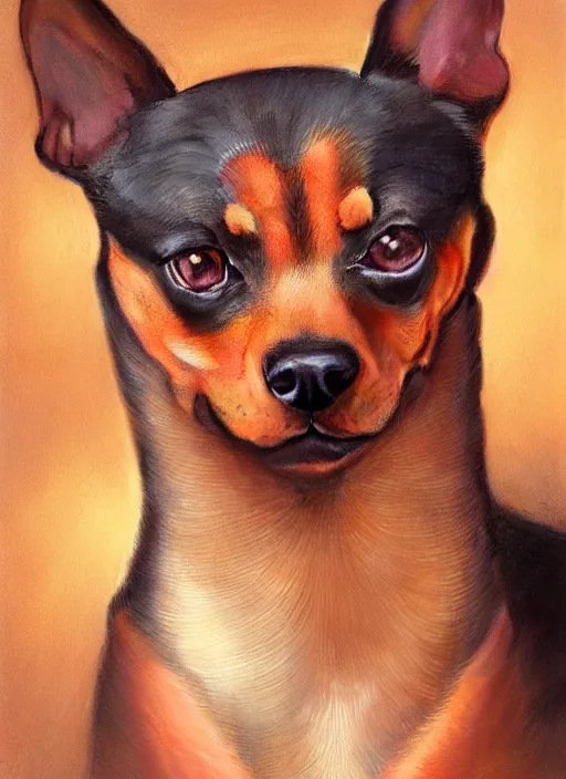 Prompt: formal portrait of miniature pinscher dog, digital art by eugene de blaas, ross tran, and nasreddine dinet, vibrant color scheme, intricately detailed, in the style of romanticism, cinematic, artstation, greg rutkowski