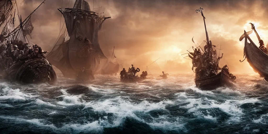 Prompt: Vikings versus the kraken, the last stand, Epic Background, highly detailed, sharp focus, 8k, 35mm, cinematic lighting