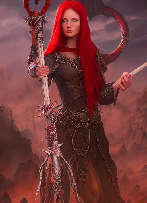 Prompt: photography of beautiful elf witch red hair, holding a magic staff, d & d fantasy character, detailed matte painting, studio lighting, octane render, larry elmore michael whelan artstation